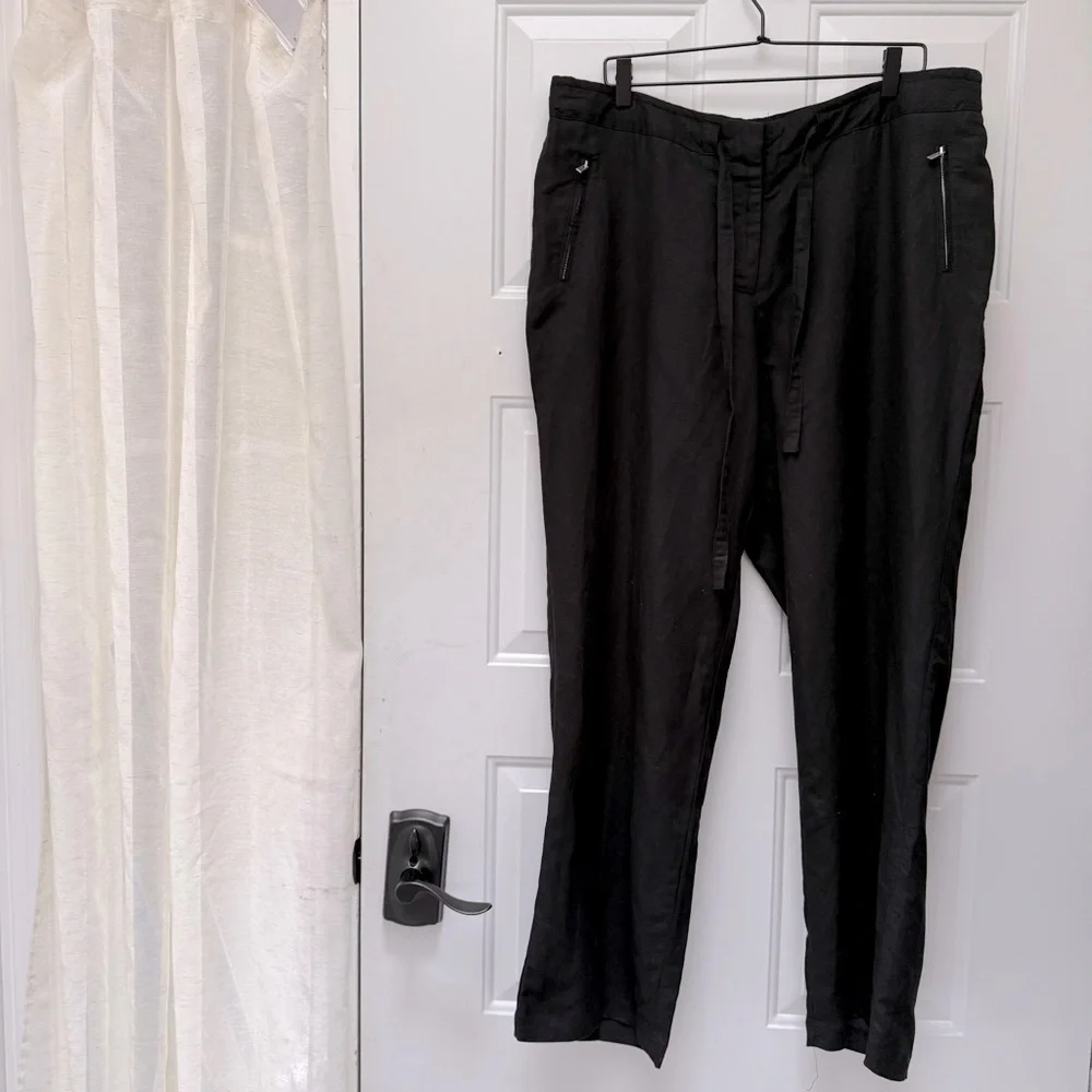 Ashley Stewart Black Breathable Linen Pants Full-Length Belted Loose Fit Size 16